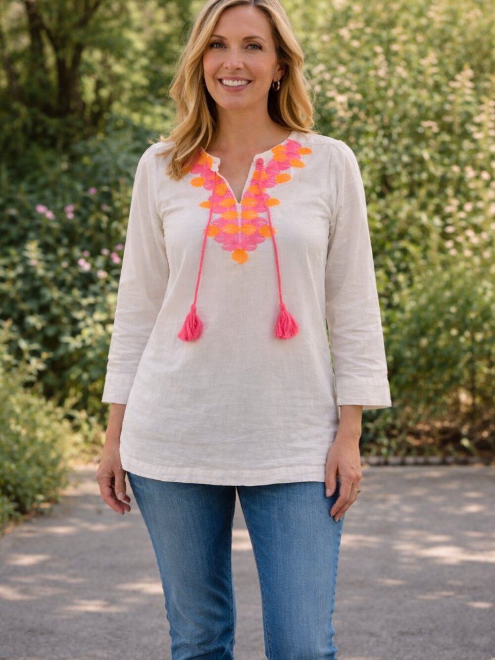 Lily Pultizer Boho Pink and Orange Embroidered White Top Cotton Woman's Size S
